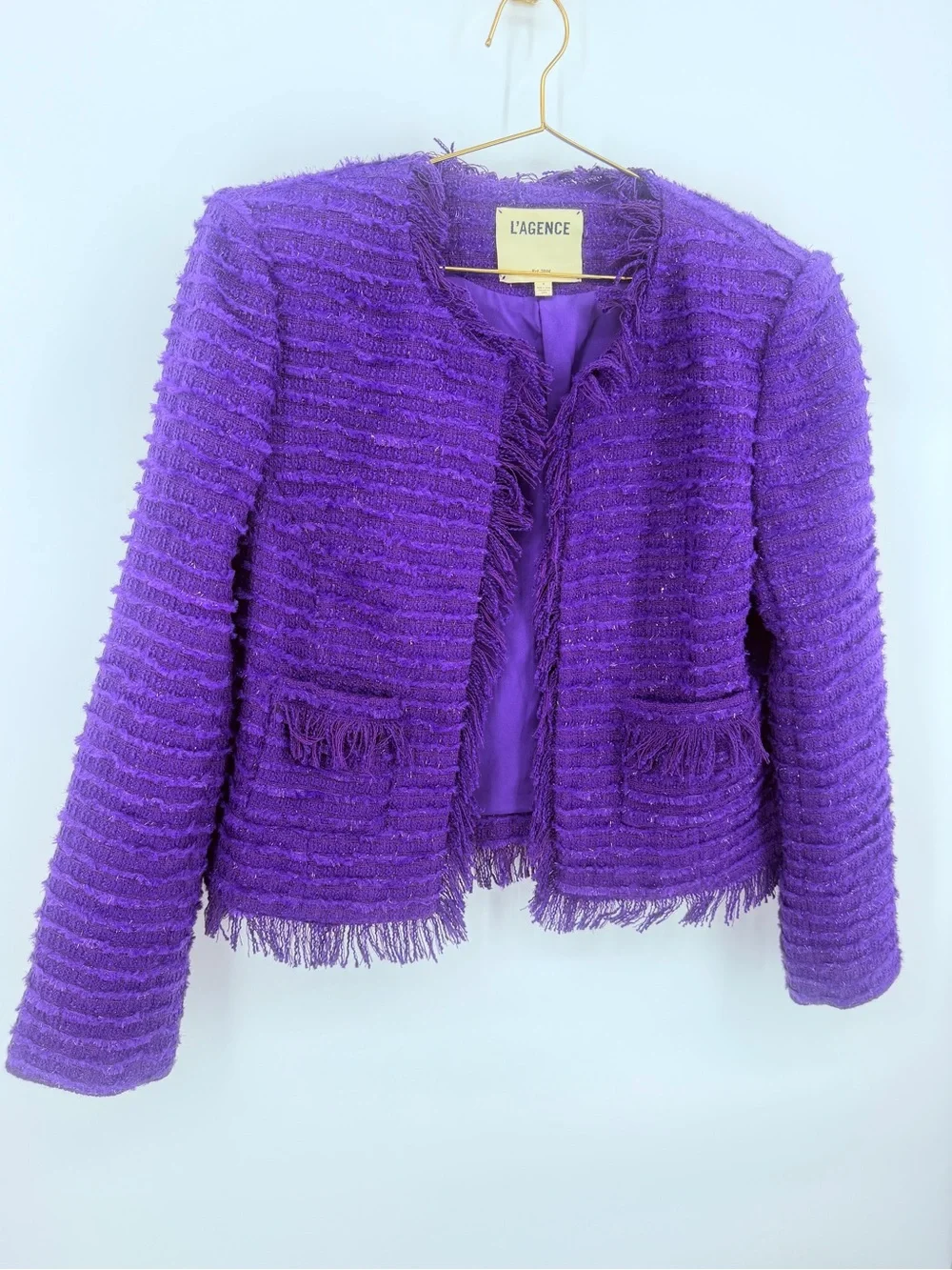 L’Agence Purple Tweed Fringe Jacket Blazer Wool Blend Womens Size 8 Open Front - Picture 4 of 8